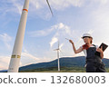 A skilled female engineer inspects a wind turbine for safety and efficiency in a vibrant renewable energy landscape of greenery and blue skies, showcasing the harmony of nature and technology 132680003