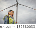 A confident female engineer stands proudly before a towering wind turbine, symbolizing the bright future of renewable energy and our commitment to environmental sustainability for generations 132680033