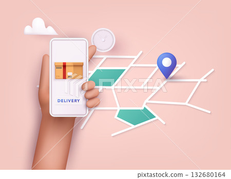 Hand holding mobile smart phone with app delivery tracking. Vector modern flat creative info graphics design on application. 3D Vector Illustrations. 132680164