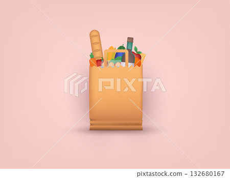 Paper bag with foods. Healthy organic fresh and natural food. Grocery delivery concept. 3D Vector Illustrations. 132680167