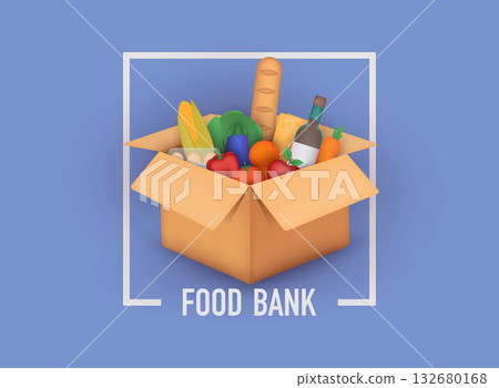 Food Bank simple concept illustration. Time to donate. Food donation. Boxes full of food. 3D Vector Illustrations. Food Bank simple concept illustration. Time to donate. Food donation. Boxes full of food. 3D Vector Illustrations. 132680168