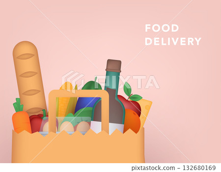 Food delivery. Healthy organic fresh and natural food. Grocery delivery concept. 3D Vector Illustrations. 132680169