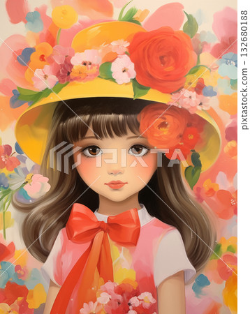 Portrait of a girl in a yellow hat surrounded by colorful flowers in a naive art style 132680188