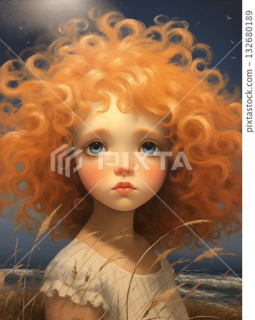 Portrait of a girl with curly orange hair in a naive art style by the ocean at dusk Portrait of a girl with curly orange hair in a naive art style by the ocean at dusk 132680189