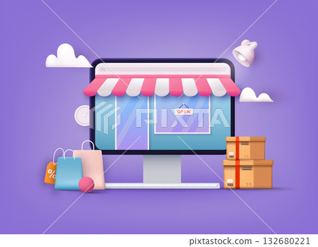Online shopping.Design graphic elements, signs, symbols. Mobile marketing and digital marketing. 3D Web Vector Illustrations. 132680221