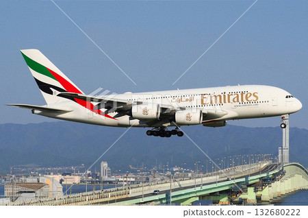 Emirates A380 approaching Kansai Airport Emirates A380 approaching Kansai Airport 132680222