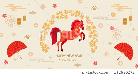 Chinese New Year 2026, Year of the Horse. Chinese New Year banner template with a horse and traditional patterns. Minimalistic style. Vector Chinese New Year 2026, Year of the Horse. Chinese New Year banner template with a horse and traditional patterns. Minimalistic style. Vector 132680272