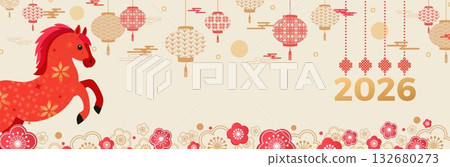 Chinese New Year 2026, Year of the Horse. Horizontal banner template featuring a horse and traditional patterns. Translation from Chinese Happy New Year, zodiac sign Horse 132680273