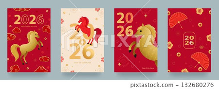 A set of cards for celebrating the Chinese New Year of the Horse. Featuring gradients, a horse, and patterns. Translation from Chinese Happy New Year of the Horse. Vector 132680276
