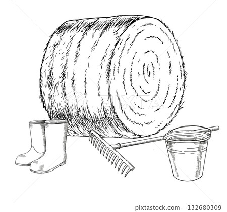Composition of haystack, rake, bucket and rubber boots. Vector ink styled handmade illustration. For packaging design, cards, cover, prints, product labels and fabric. 132680309