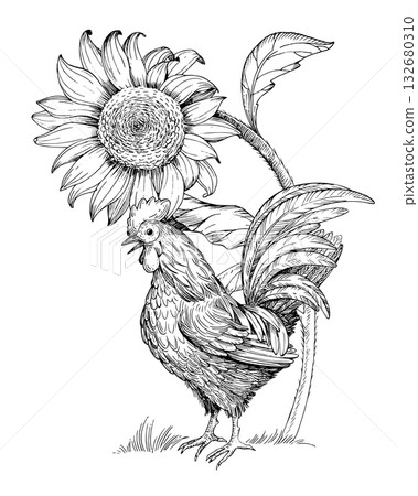 Rooster and sunflower. Vector ink styled handmade illustration. For packaging design, cards, cover, prints, product labels and fabric. 132680310
