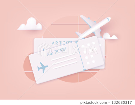 Online ticket concept. Buying tickets with smartphone. Traveling on airplane, planning a summer vacation, tourism. 3D Vector Illustrations. 132680317