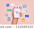 Hand holding mobile smart phone with shopp app. Online shopping concept. 3D Web Vector Illustrations. Hand holding mobile smart phone with shopp app. Online shopping concept. 3D Web Vector Illustrations. 132680320