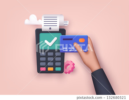 Contactless payment. Male hand holding credit card. Illustration of wireless mobile payment by credit card. 3D Vector Illustrations. 132680321