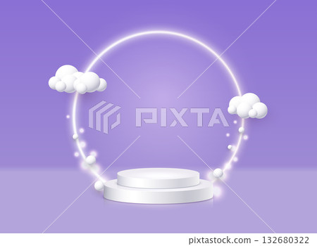 Scene with geometric forms. White podium and product display background 3d rendered geometric shape sky cloud. Scene with geometric forms. White podium and product display background 3d rendered geometric shape sky cloud. 132680322