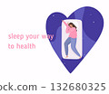 Woman sleeping at night in her bed. Healthcare, self care poster. Sweet dream concept. Advert of mattress. Woman sleeping at night in her bed. Healthcare, self care poster. Sweet dream concept. Advert of mattress. 132680325