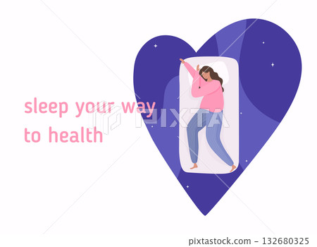 Woman sleeping at night in her bed. Healthcare, self care poster. Sweet dream concept. Advert of mattress. 132680325