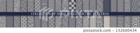 Collection of seamless striped geometric patterns. Abstract repeatable digital backgrounds. Elegant blue and beige stylish fabric decorative textures 132680434