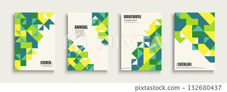 Collection of vector green posters with mosaic geometric print. Bright color modern placards, brochures, banners, backgrounds, cards. Business unusual templates for presentations and your projects Collection of vector green posters with mosaic geometric print. Bright color modern placards, brochures, banners, backgrounds, cards. Business unusual templates for presentations and your projects 132680437