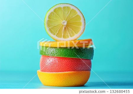 Vibrant citrus stack with lime, lemon, orange and grapefruit slices against a bright blue background Vibrant citrus stack with lime, lemon, orange and grapefruit slices against a bright blue background 132680455