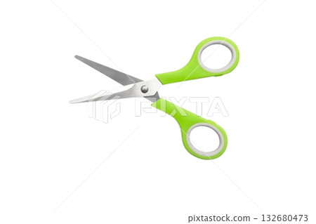 School scissors closed, green handle isolated on white background. School stationery 132680473