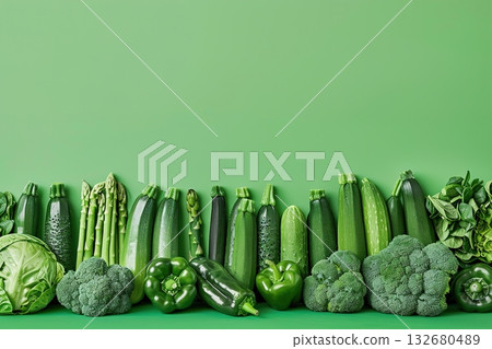 Assorted green vegetables lineup for fresh produce, healthy diet and colorful kitchen display 132680489