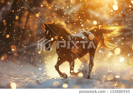 Majestic horse gallops through snowy, sunlit scene with golden glow and magical bokeh lights 132680543
