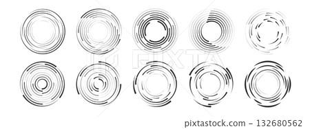 Set of circular wave ripple elements. Abstract sound waves, radio signal, or water splash rings. Isolated vector design on white background for technology or audio concept. 132680562