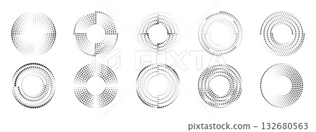 Set of circle halftone dot borders. Abstract circular dotted frames in minimal vector style. Perfect for medical, skincare, or cosmetic brand design. Set of circle halftone dot borders. Abstract circular dotted frames in minimal vector style. Perfect for medical, skincare, or cosmetic brand design. 132680563