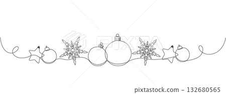 Continuous one line drawing of Merry Christmas decoration. Minimal vector illustration with Christmas balls, stars, tinsel, and snowflakes for festive greeting card or holiday banner. Continuous one line drawing of Merry Christmas decoration. Minimal vector illustration with Christmas balls, stars, tinsel, and snowflakes for festive greeting card or holiday banner. 132680565