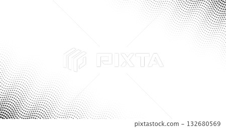 Black and white abstract dotted waves and halftone shapes. Simple modern background with gradient pixel texture for digital artwork, web, and print templates. 132680569