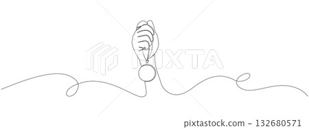 Hand raising trophy in continuous line style. Elegant minimal design symbolizing goal achievement, reward, winner pride, and competition success. Hand raising trophy in continuous line style. Elegant minimal design symbolizing goal achievement, reward, winner pride, and competition success. 132680571