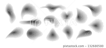 Set of abstract dotted geometric backgrounds in halftone style. Dynamic curved patterns, pixel gradients and modern black and white texture for poster, banner, web, and graphic design elements 132680580