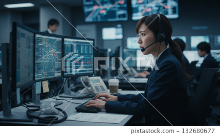 Business scene: Emergency call center operator wearing headphones 132680677
