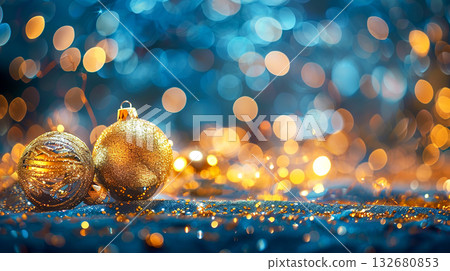 Gold Christmas baubles on a glittering surface with blue and warm bokeh lights 132680853