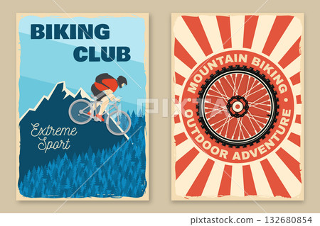 Mountain biking retro posters. Vector illustration. Concept for banner, shirt, print, stamp or biking tourism. Vintage typography design with man riding bike and mountain. Extreme sport. 132680854