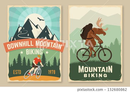 Mountain biking retro posters. Vector. Concept for banner, shirt, print, stamp or biking tourism. Vintage typography design with deer rides, man riding bike and mountain. Extreme sport. 132680862