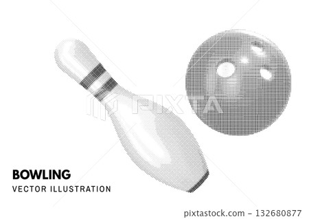 Halftone bowling pin and ball. Black dotted vintage bowling equipment isolated on white background. Vector illustration. Halftone bowling pin and ball. Black dotted vintage bowling equipment isolated on white background. Vector illustration. 132680877