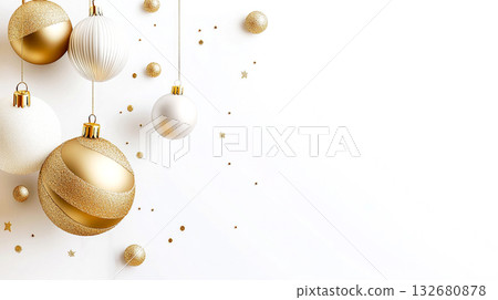 Elegant gold and silver ornaments hanging on a white festive background for holiday decor and Christmas campaigns Elegant gold and silver ornaments hanging on a white festive background for holiday decor and Christmas campaigns 132680878