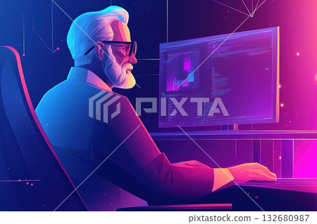 Senior coder at a futuristic neon workstation coding on a large monitor in a vibrant scene Senior coder at a futuristic neon workstation coding on a large monitor in a vibrant scene 132680987