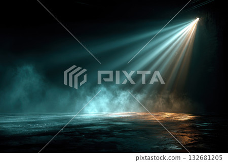 A dark concrete room is pierced by white beams of light from a spotlight. Smoke spreads across the floor. A dark concrete room is pierced by white beams of light from a spotlight. Smoke spreads across the floor. 132681205