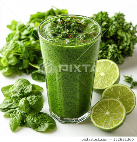 Fresh lime with splash of green juice, bright on a white background. vibrant green smoothie with lime and leafy greens served in a tall glass on a white background, surrounded by fresh limes. 132681360