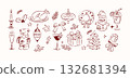 Vintage Christmas Food and Drinks Clipart Set Hand Drawn One Line Illustrations 132681394