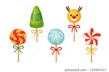 Festive Christmas lollipops with ribbon bows set. Hand drawn flat style isolated Festive Christmas lollipops with ribbon bows set. Hand drawn flat style isolated 132681417