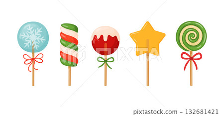 Festive Christmas lollipops with ribbon bows set. Hand drawn flat style isolated Festive Christmas lollipops with ribbon bows set. Hand drawn flat style isolated 132681421