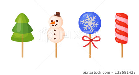 Festive Christmas lollipops with ribbon bows set. Hand drawn flat style isolated 132681422