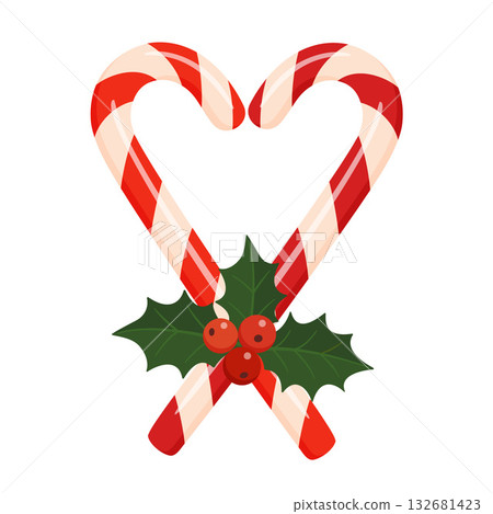 Two red and white candy canes forming heart shape with holly leaves and berries. Cute flat vector Two red and white candy canes forming heart shape with holly leaves and berries. Cute flat vector 132681423