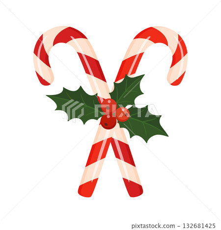 Red and white striped Christmas candy canes with with holly leaves and berries. flat style 132681425