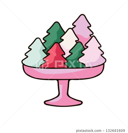 pink pedestal bowl filled with Christmas tree-shaped sweets pink pedestal bowl filled with Christmas tree-shaped sweets 132681609