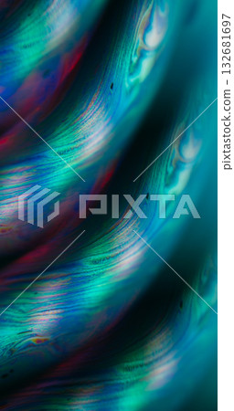 Defocused ink mix. Oil fluid. Green purple blue color round bubble liquid texture wave floating on abstract acrylic art neon background. 132681697